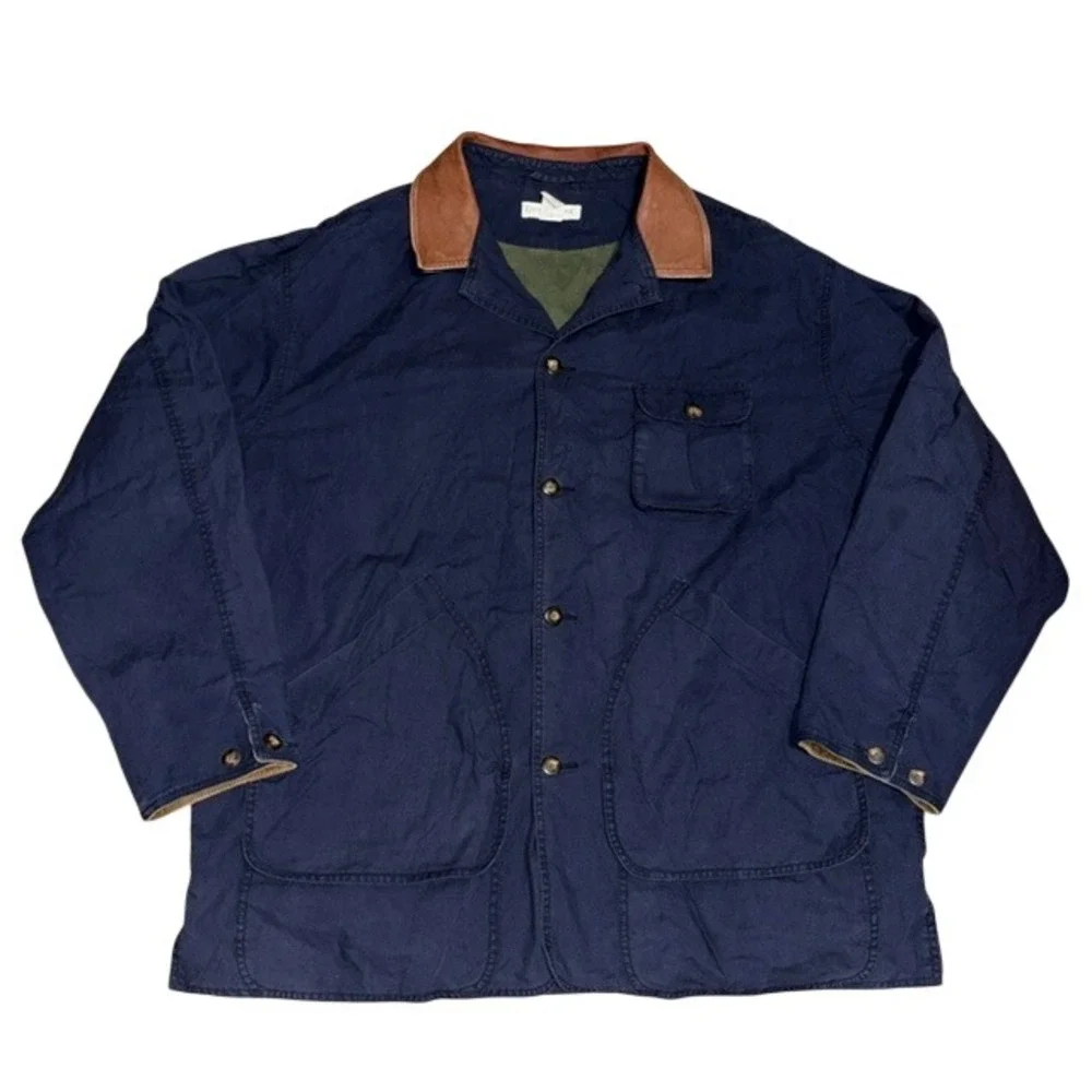 Banana Republic VTG Vintage Chore Coat Leather Collar Corduroy Trim Navy Blue XL
